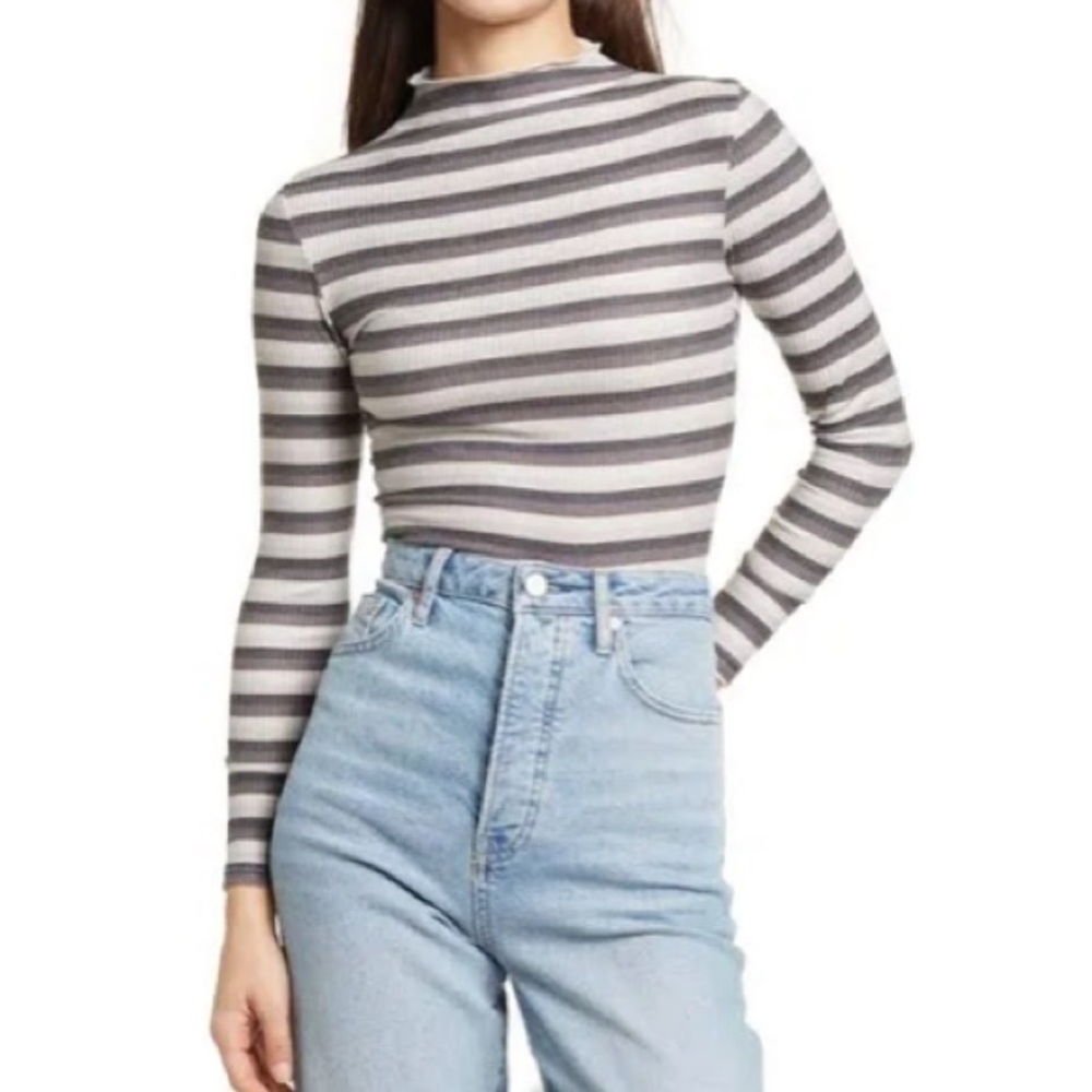 Cali‎ be striped lettuce trimmed mock neck Long-sleeve top, Size S, NWT